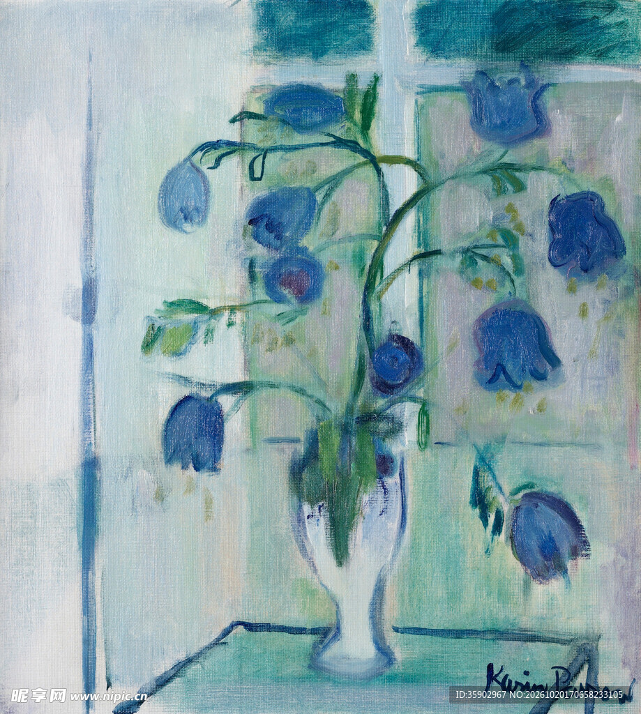 窗边蓝花静物油画