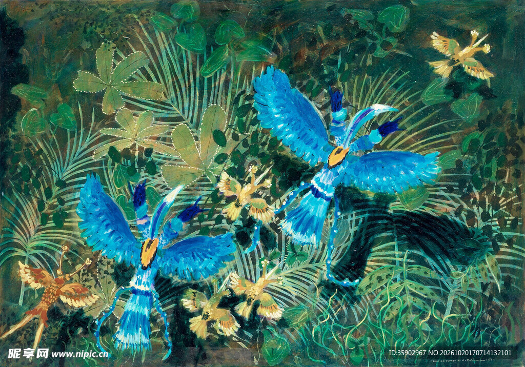 蓝蝶花草彩绘装饰画