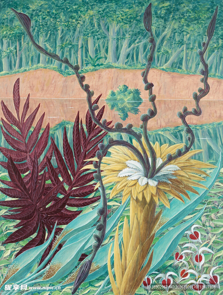 复古热带植物风景插画