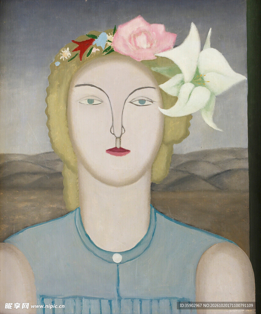 戴花女子肖像油画