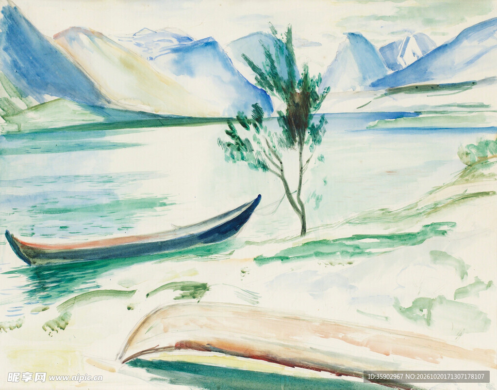 湖畔泊船水彩风景画