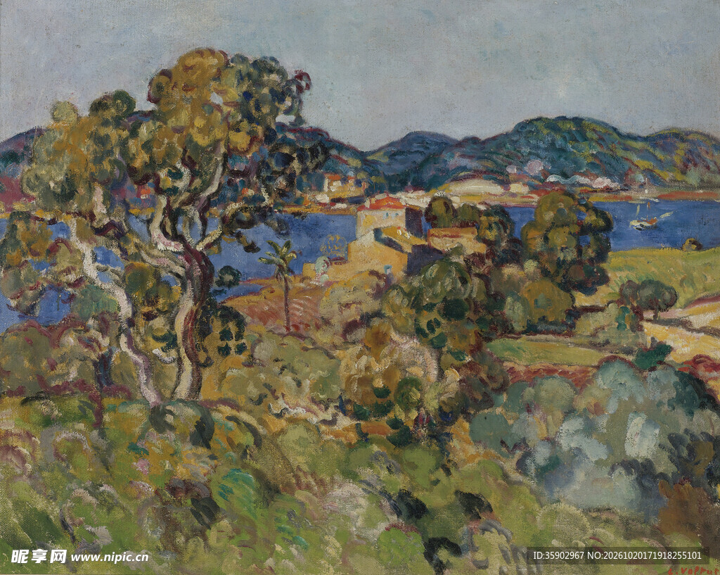 郊野湖畔风景油画