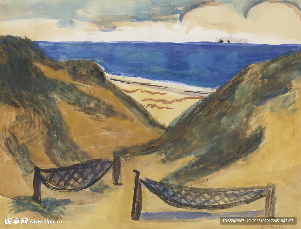 海岸沙滩风景油画