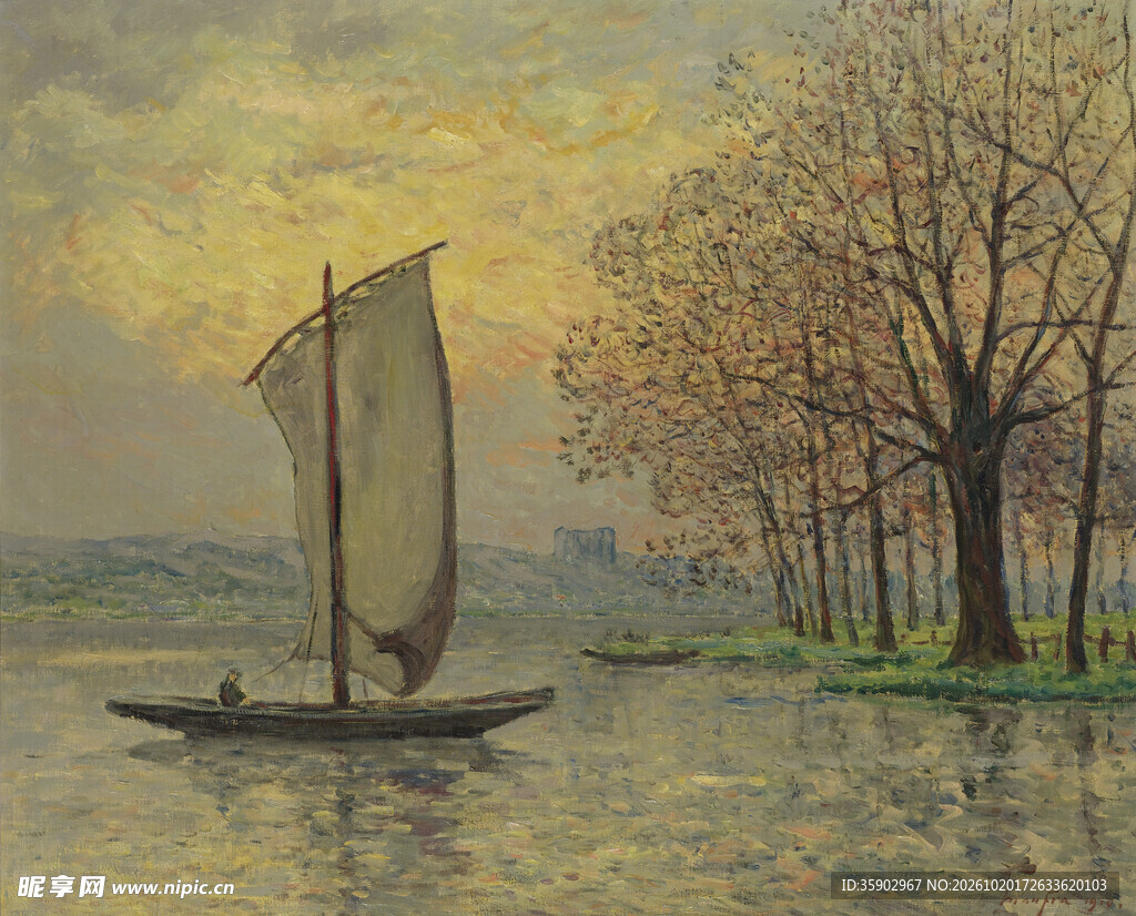 湖畔黄昏帆船风景油画