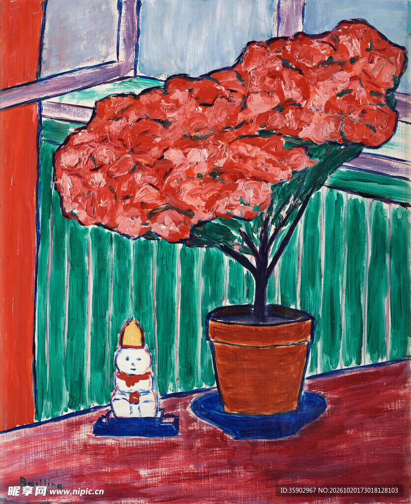 窗边红花盆栽静物画