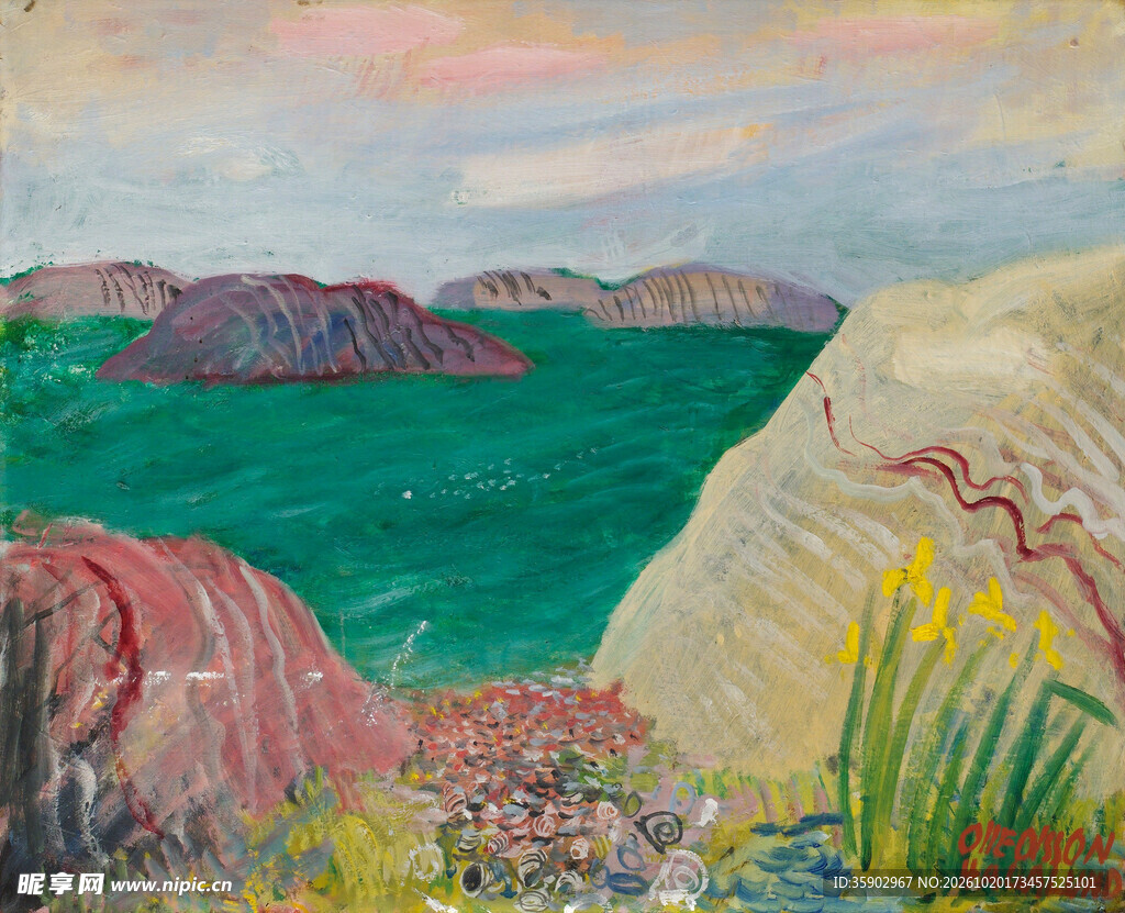 郊野湖岸风景油画