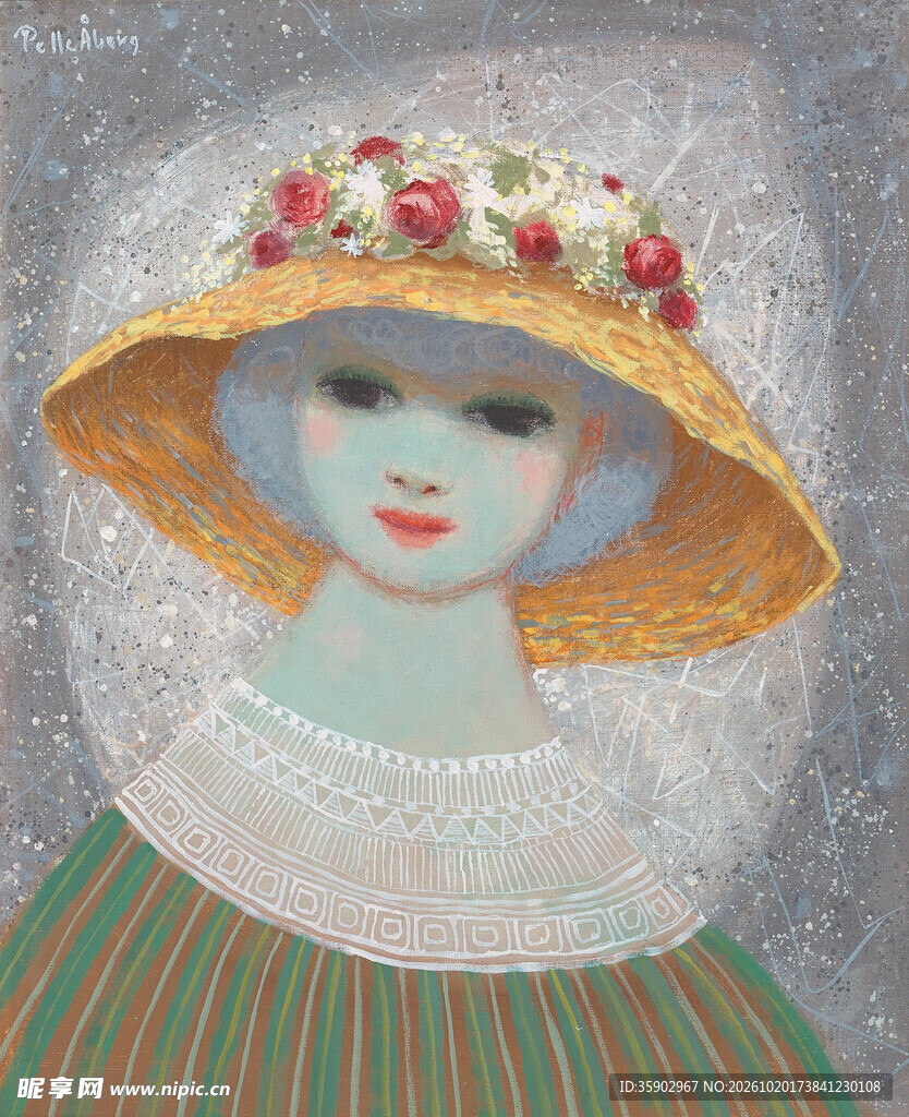 戴花帽的少女油画
