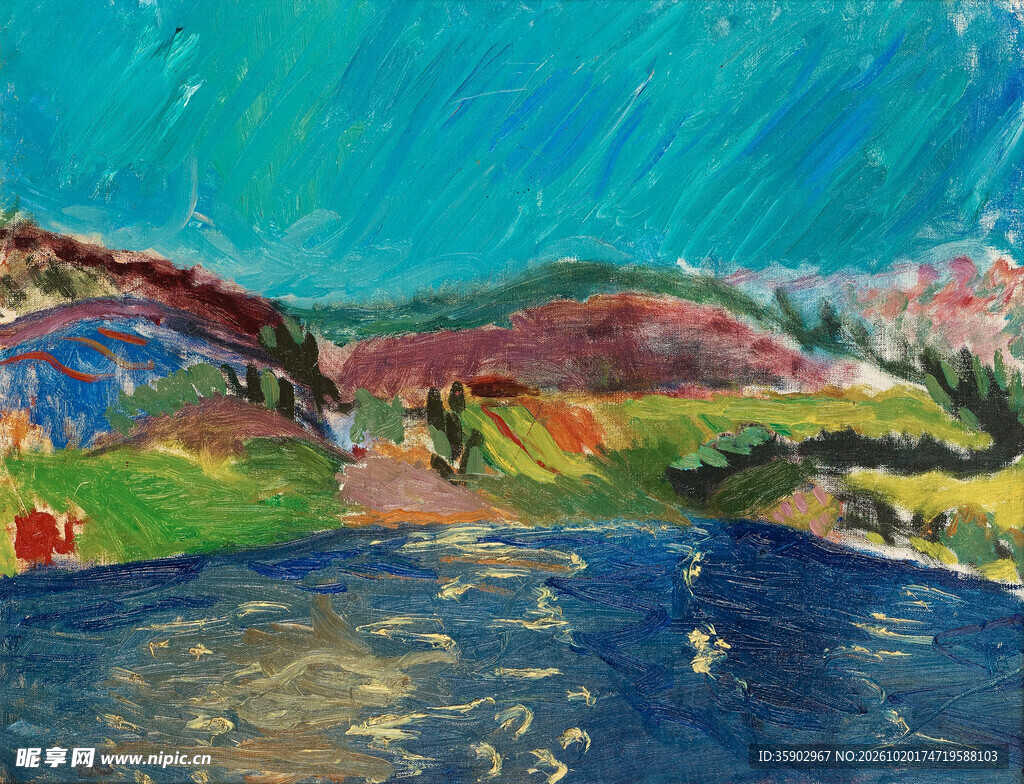 郊野河畔风景油画
