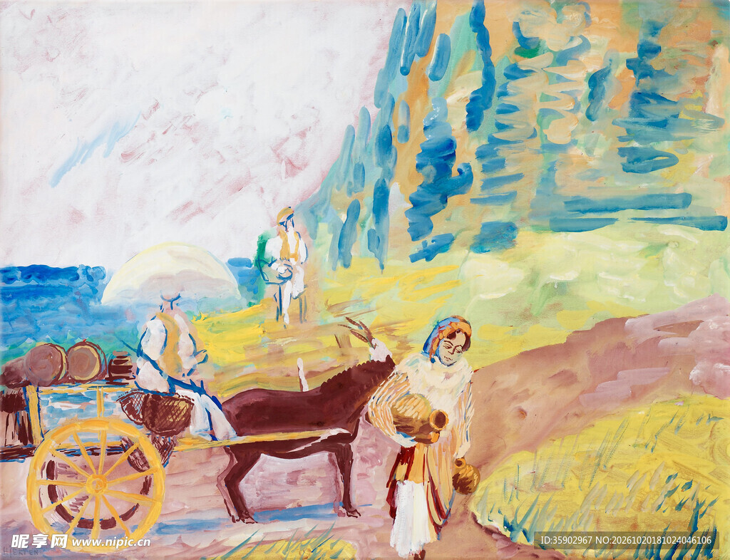 郊野马车风景水彩画