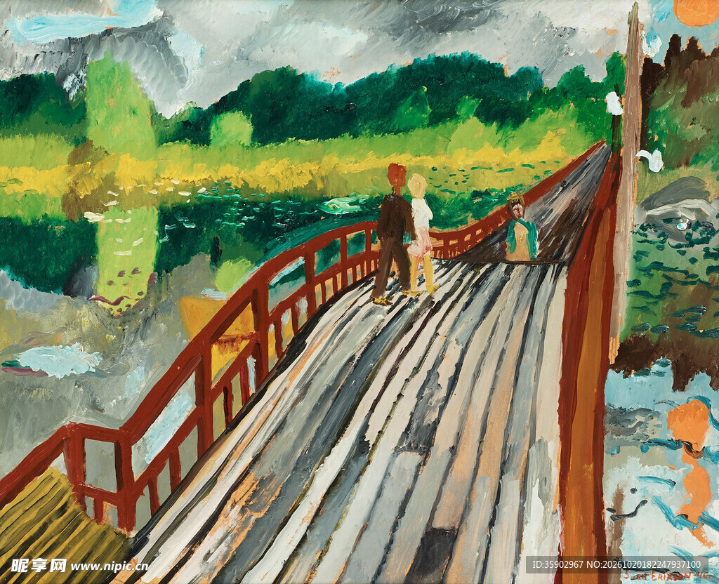 古桥乡野风景插画