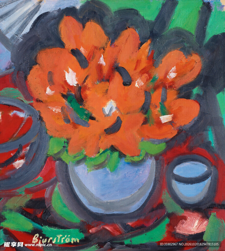 橙色花卉静物油画