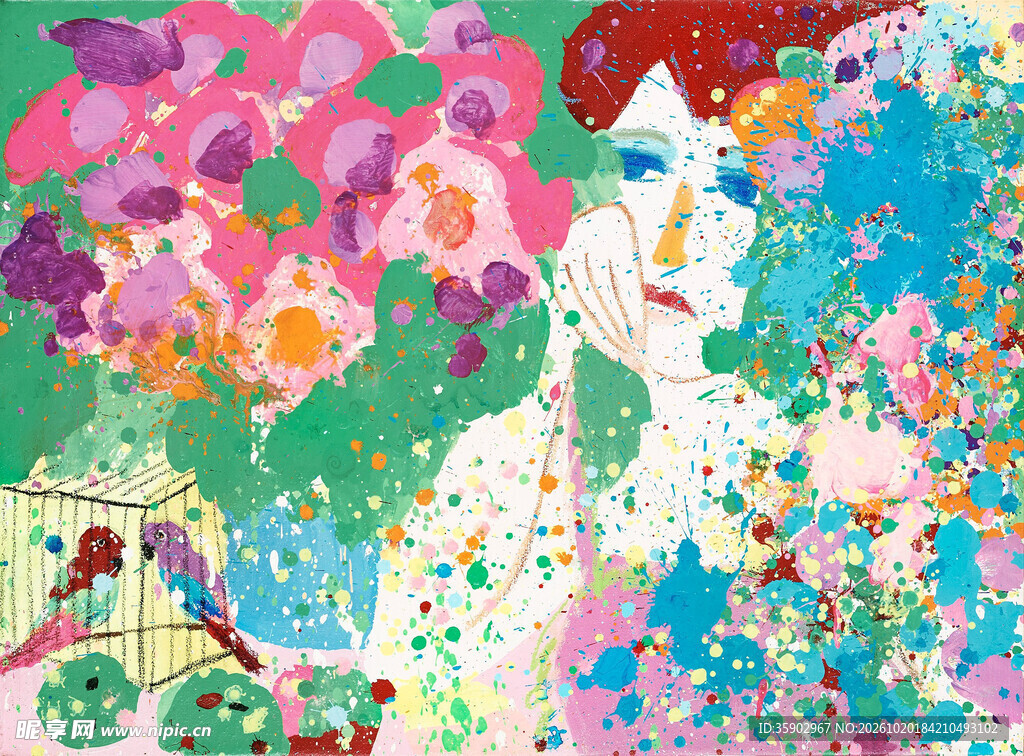 点彩风花丛少女插画