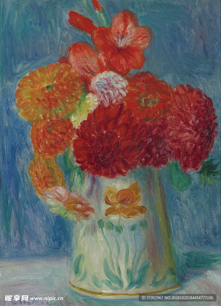 瓶中红花静物油画