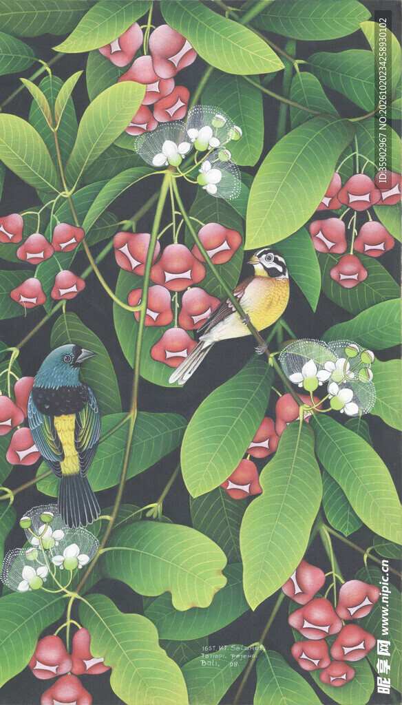 林间红果小鸟工笔画