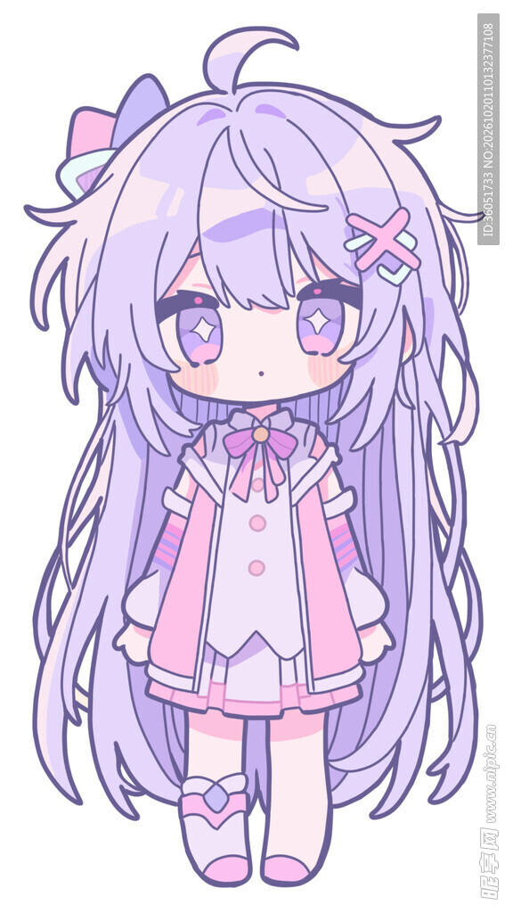 Q版紫发萌系少女贴纸素材