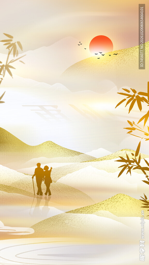 夕照山水行旅国风插画