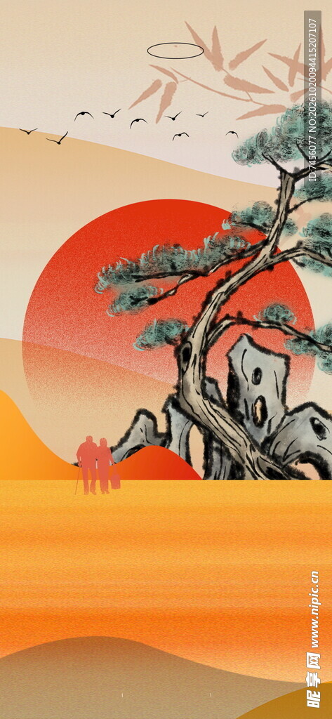 中式迎客松日出风景