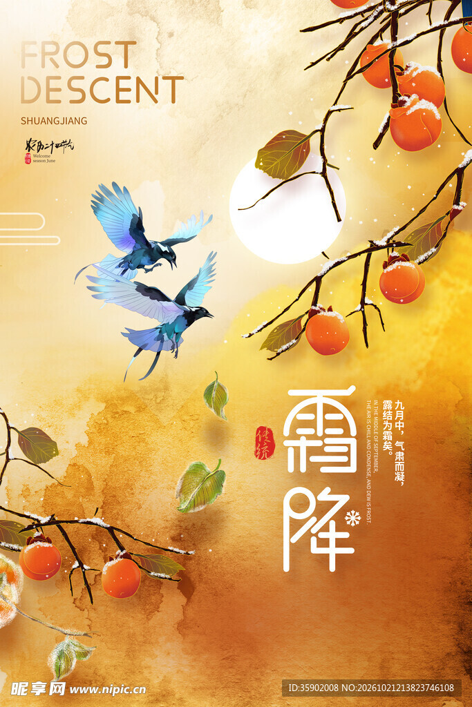 霜降节气国风插画海报