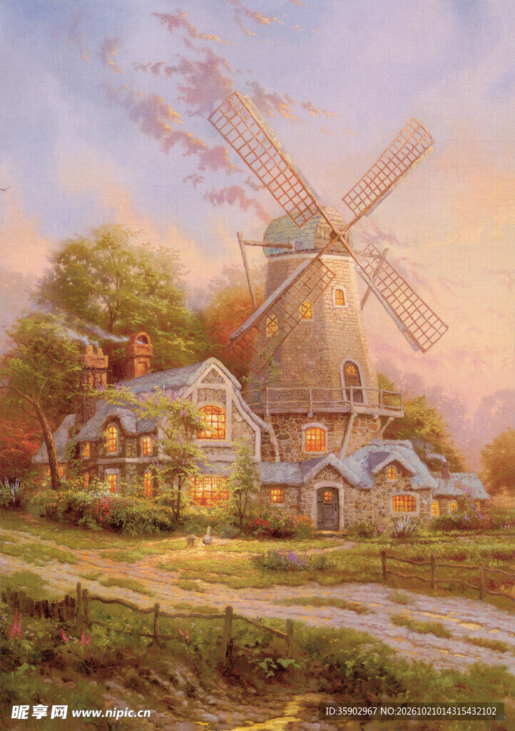 暮色乡村风车小屋油画