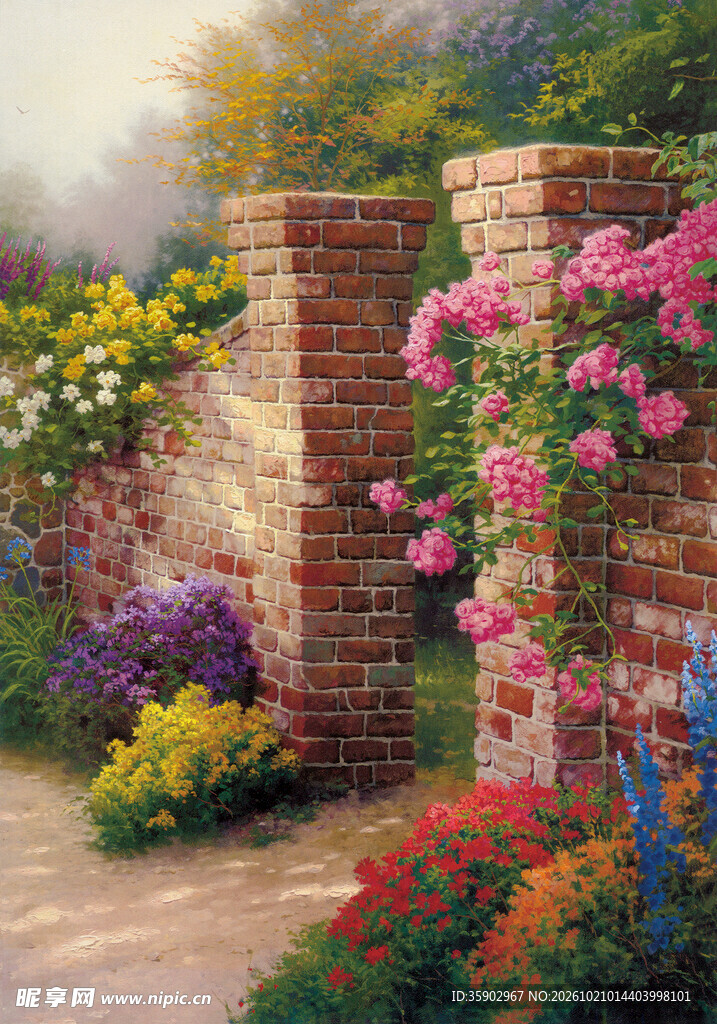 花园花墙唯美风景油画
