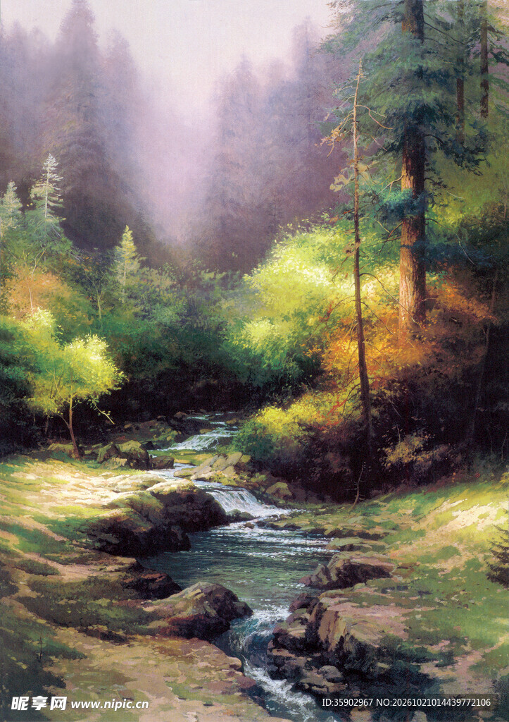 林间溪流风景油画