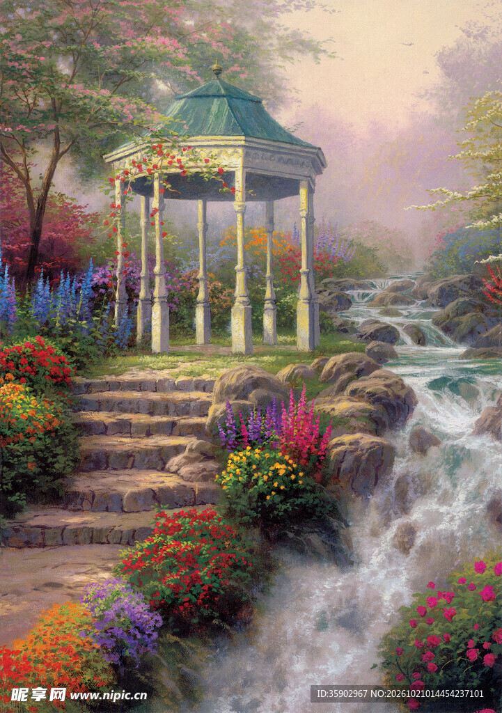 溪畔凉亭花园风景油画