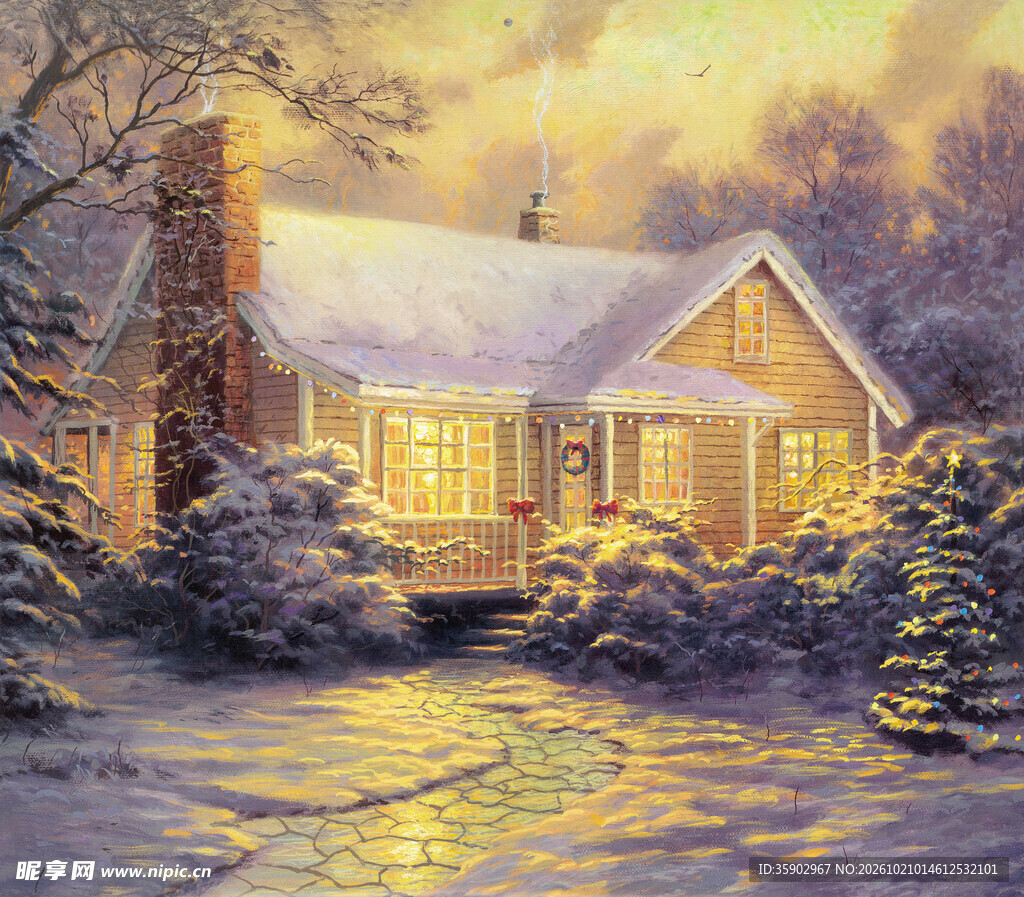 雪中小屋暖光风景