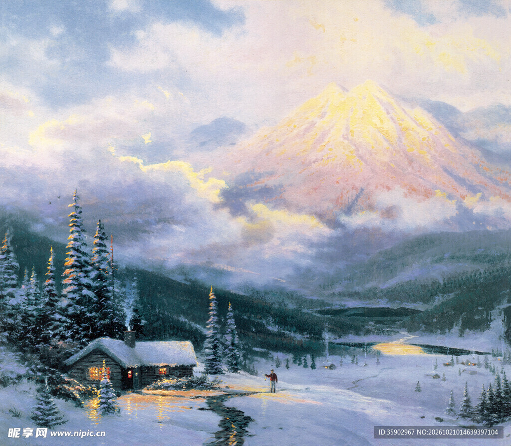 冬日雪山小屋雪景
