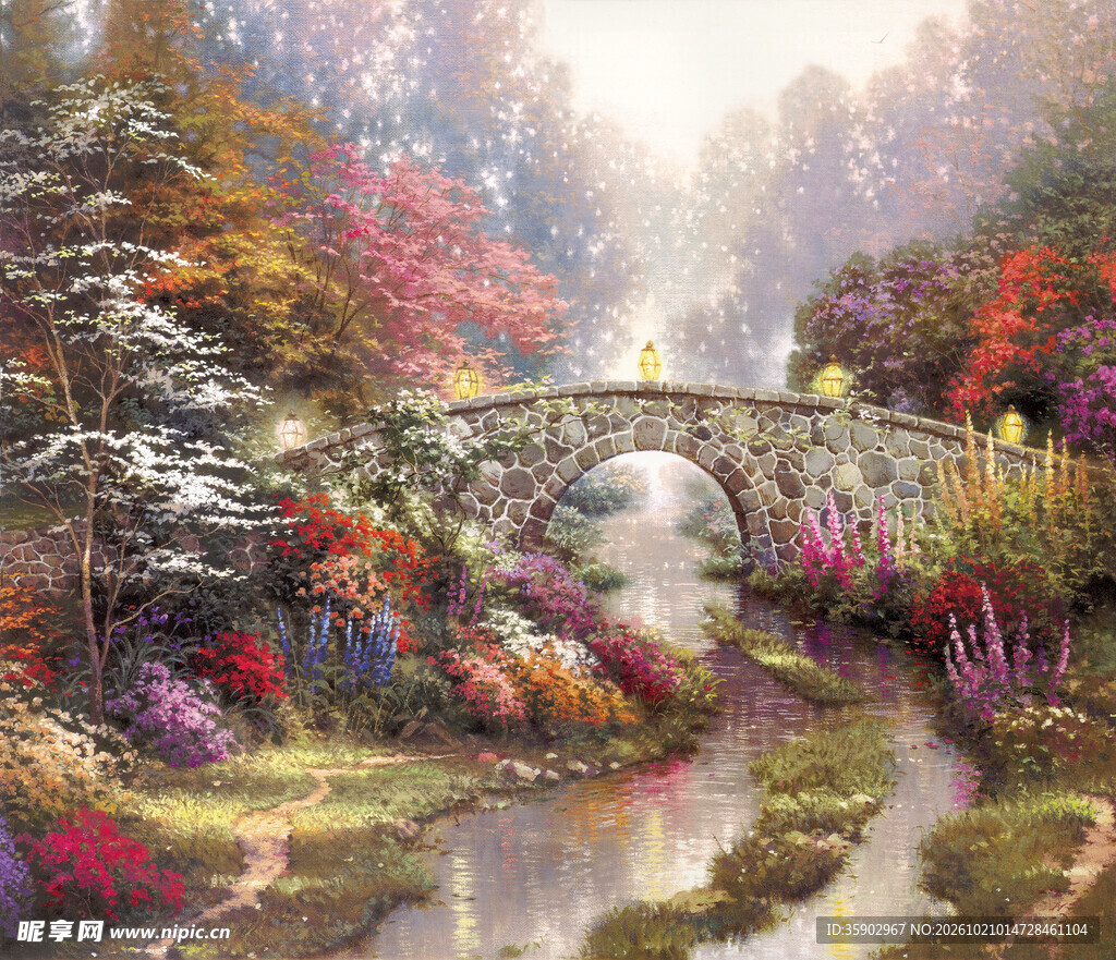 花园石拱桥风景油画