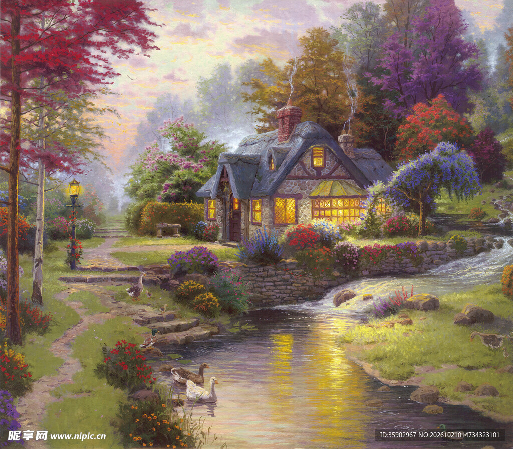 乡村溪边小屋风景油画