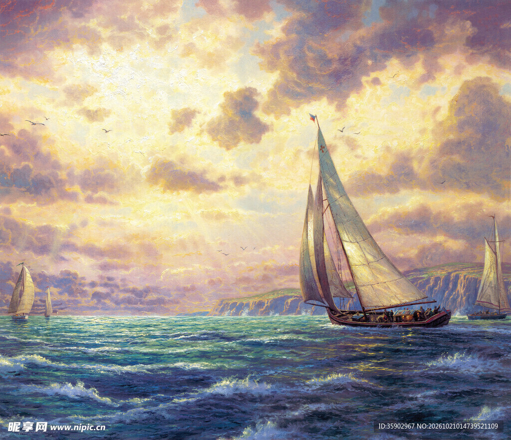 日落海面帆船航行油画
