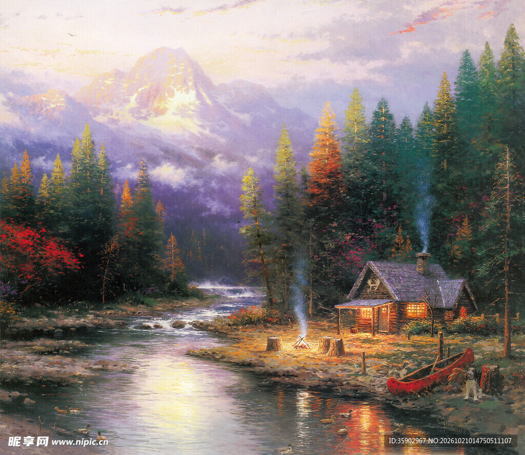 山林河畔小屋风景油画