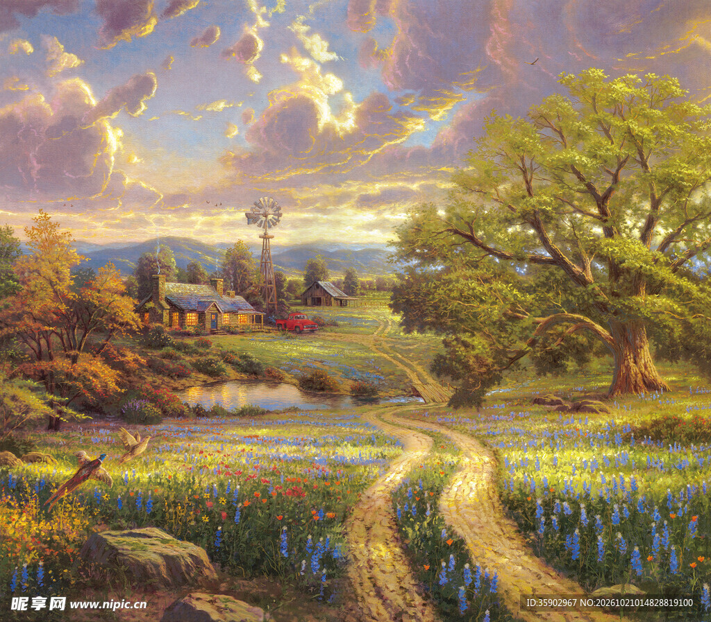 乡村田园黄昏风景油画