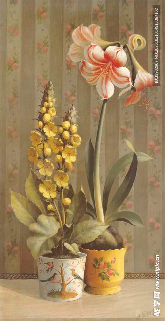 复古盆栽花卉静物油画