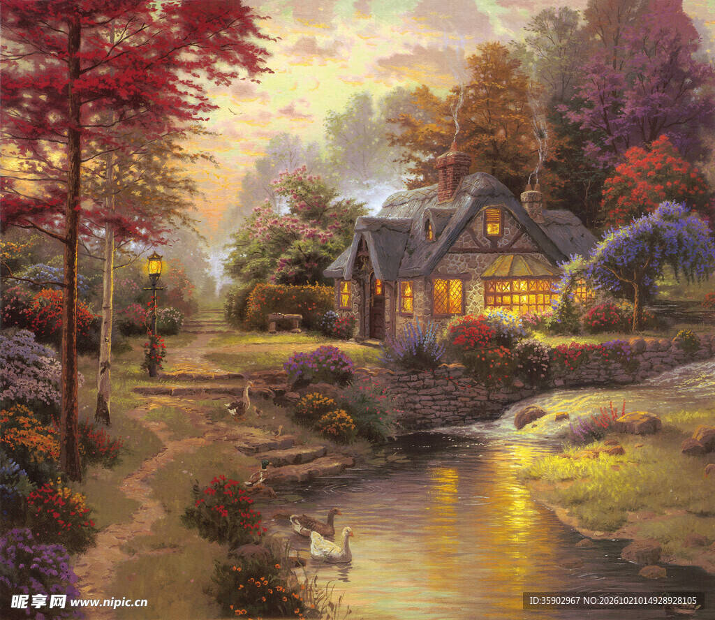 暖光乡村小屋风景油画