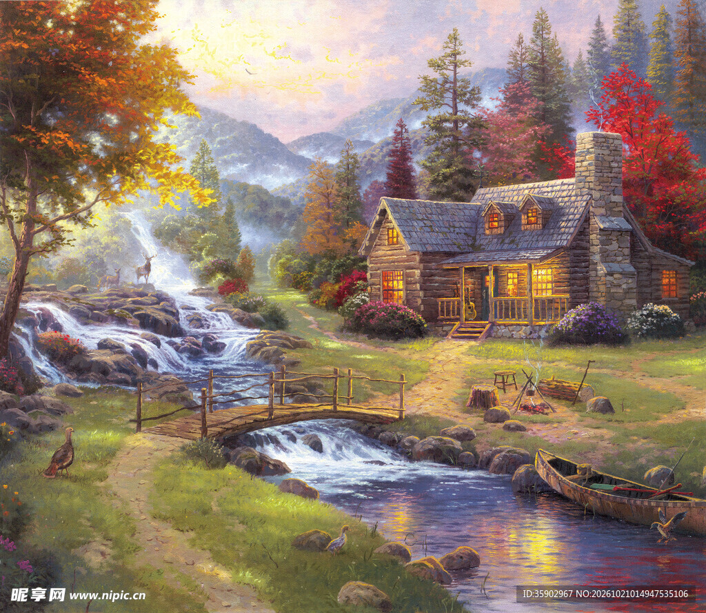 秋日溪畔木屋风景油画