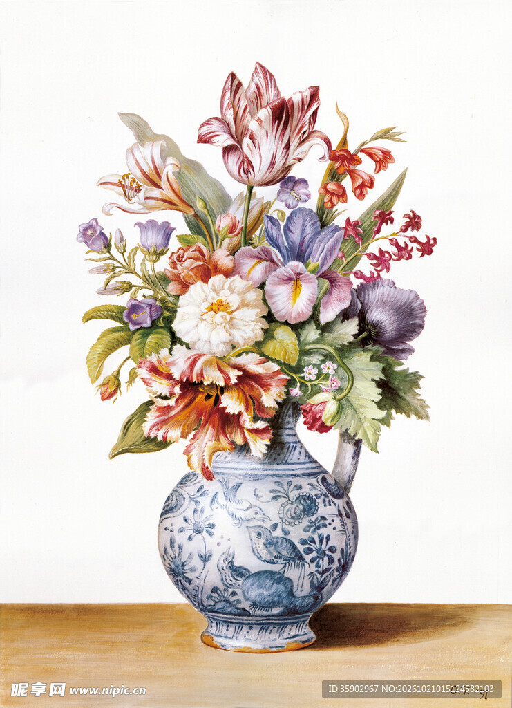 古典瓶花水彩静物画