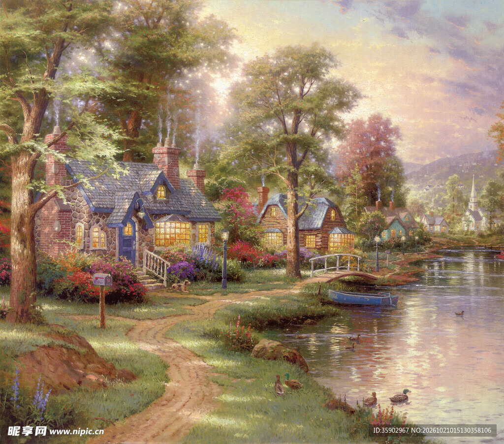 湖畔林间小屋风景油画