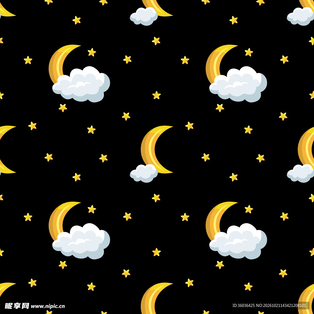 卡通星月夜空无缝图案
