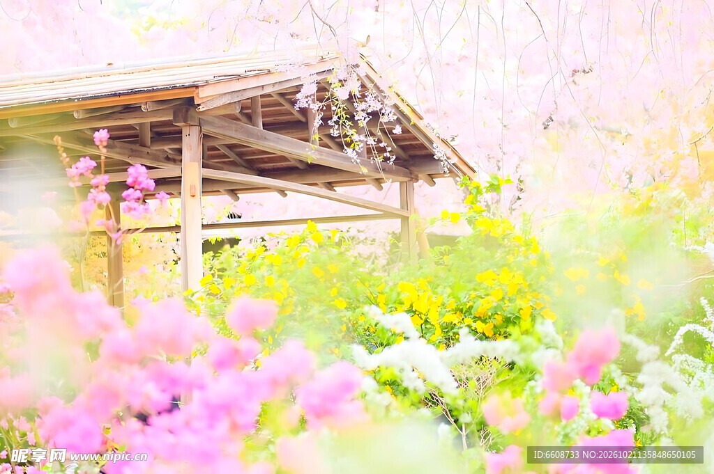 朦胧春日花中小屋