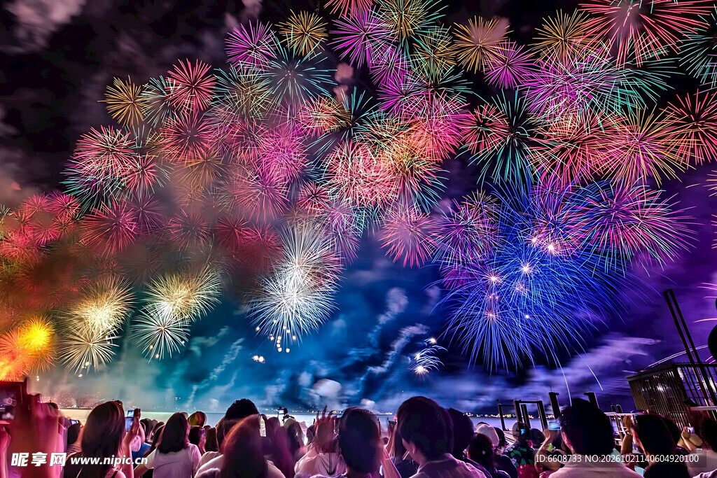 人群观赏绚烂烟花秀