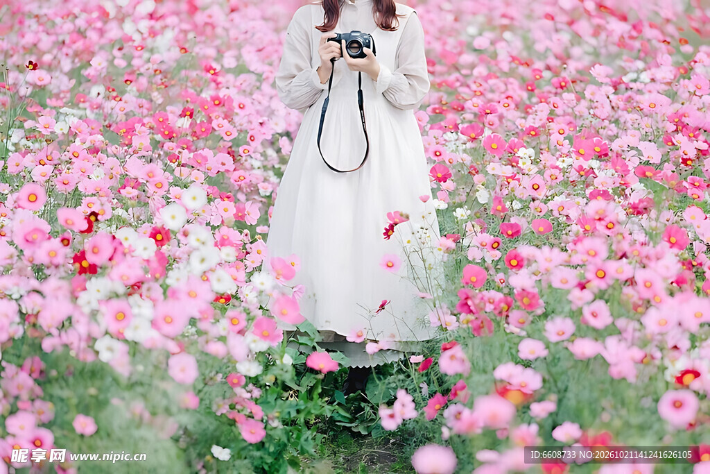 粉花海中的白衣少女