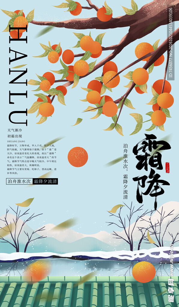 霜降节气柿子插画海报