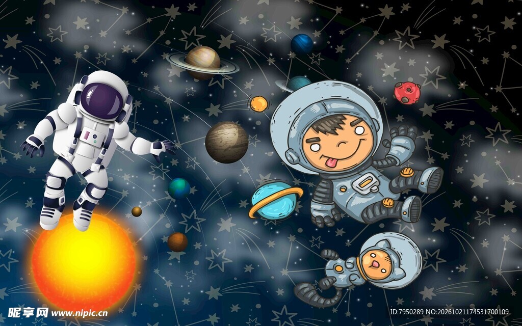 卡通宇航员漫游太空