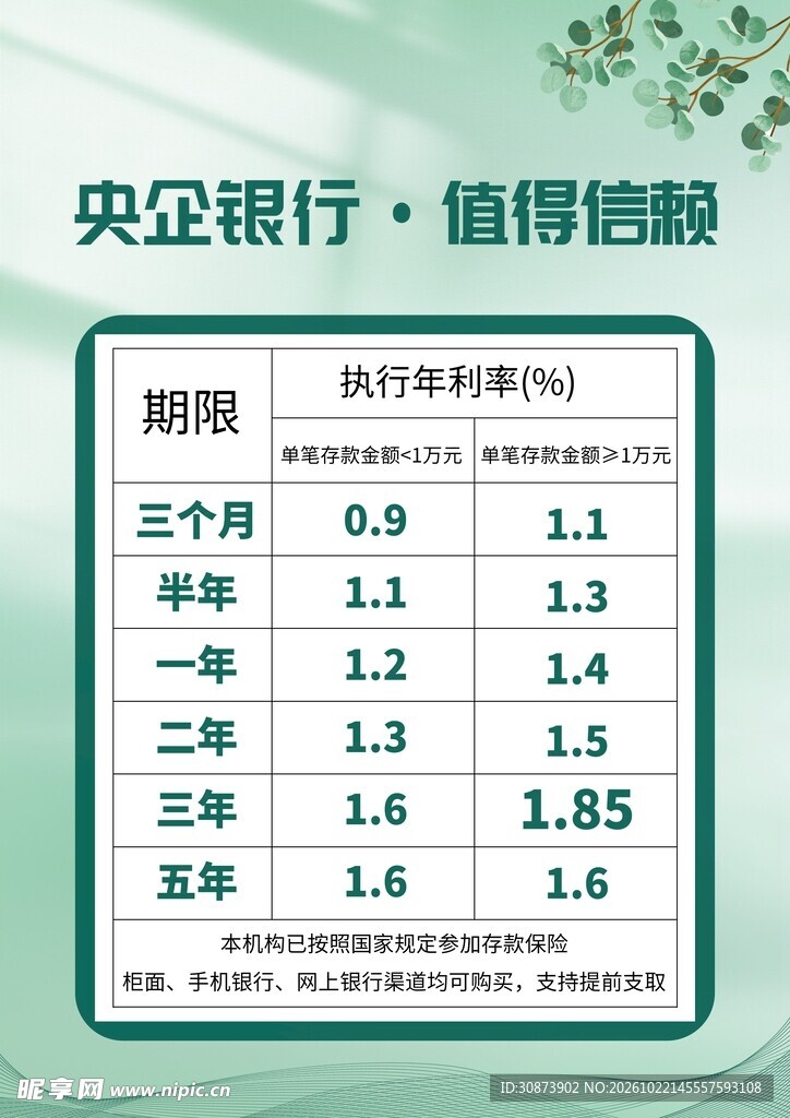央企银行存款利率表