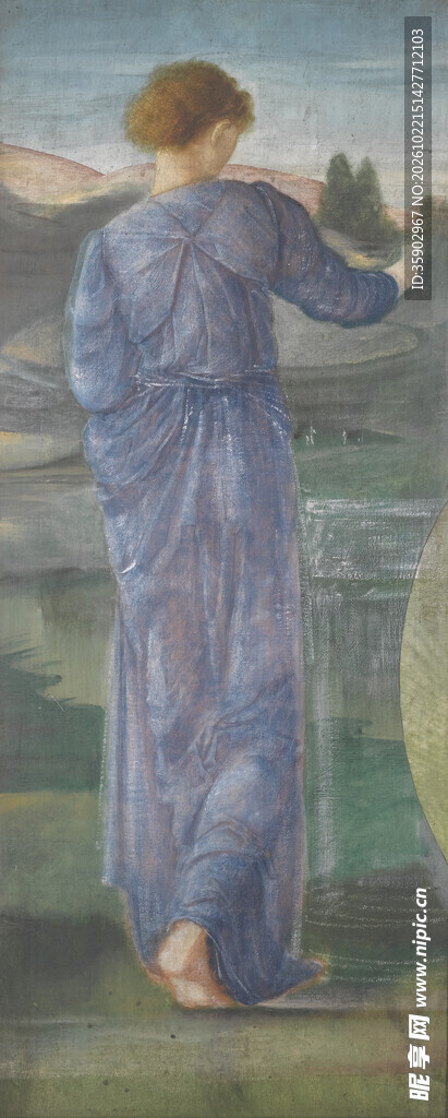 蓝衣女子背影油画