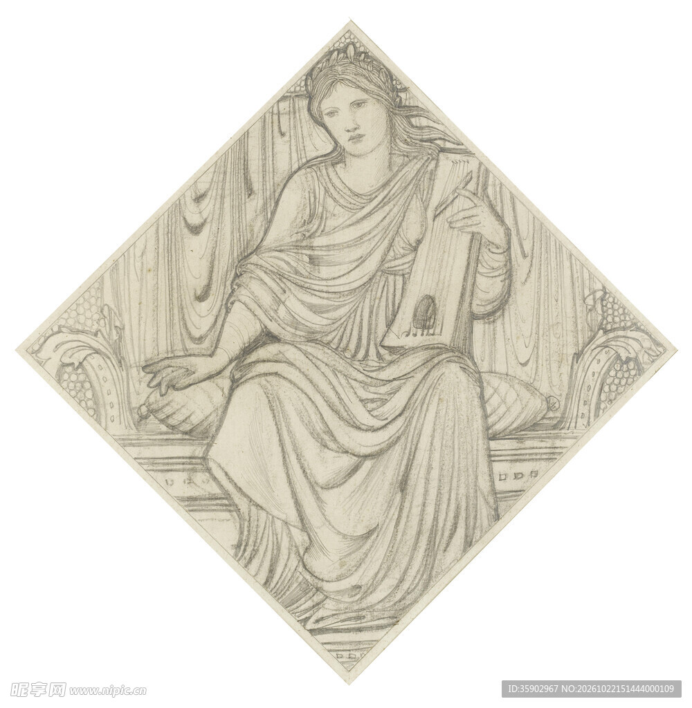 古典女性坐姿线描版画