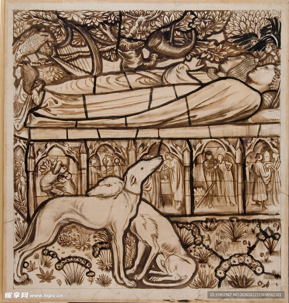复古版画猎犬与石棺场景