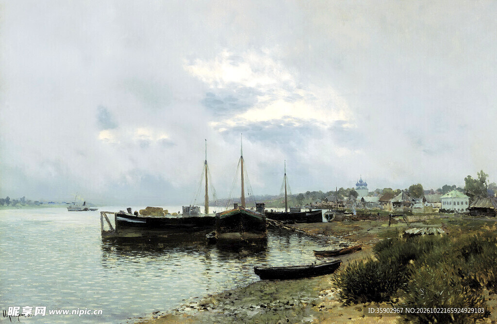 河畔泊船风景油画