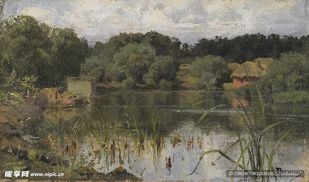 郊野湖畔风景油画